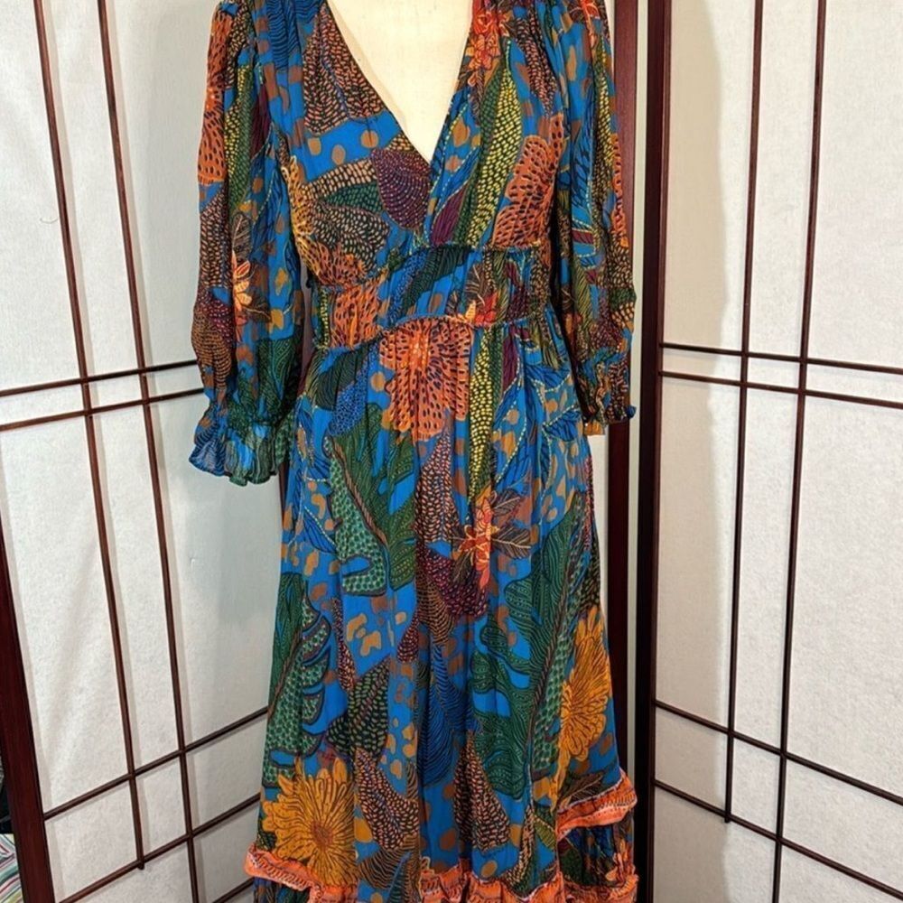 FARM Rio Green and Orange Wrap Dress with V-Neck